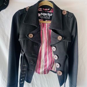 Sugarfly Black Textured Military-Style Blazer with Striped Lining